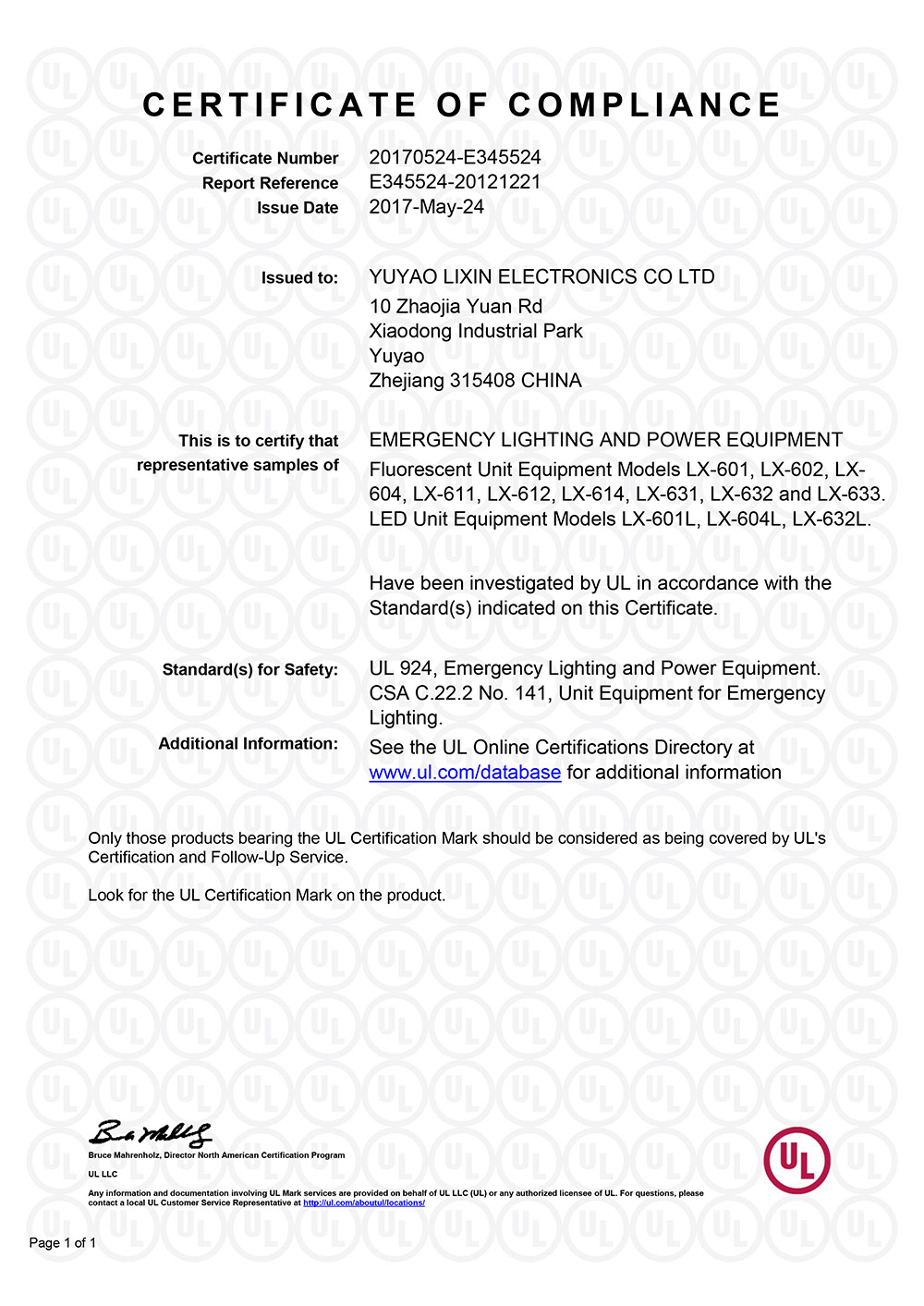 EMERGENCU LIGHT UL CERTIFICATION